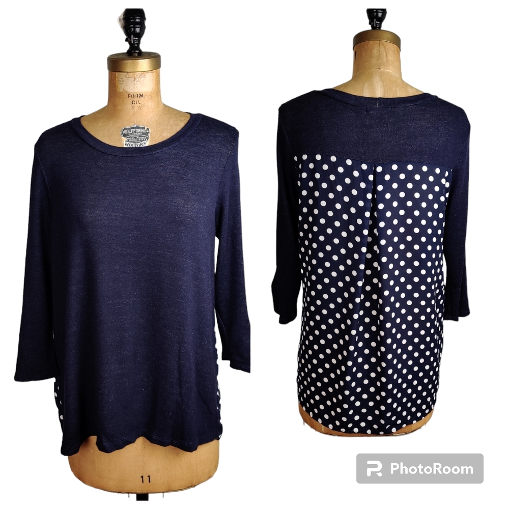 Papermoon Navy Knit Top, Blue & White Polka Dot Back, Stitch Fix, 3/4 Sleeve, M